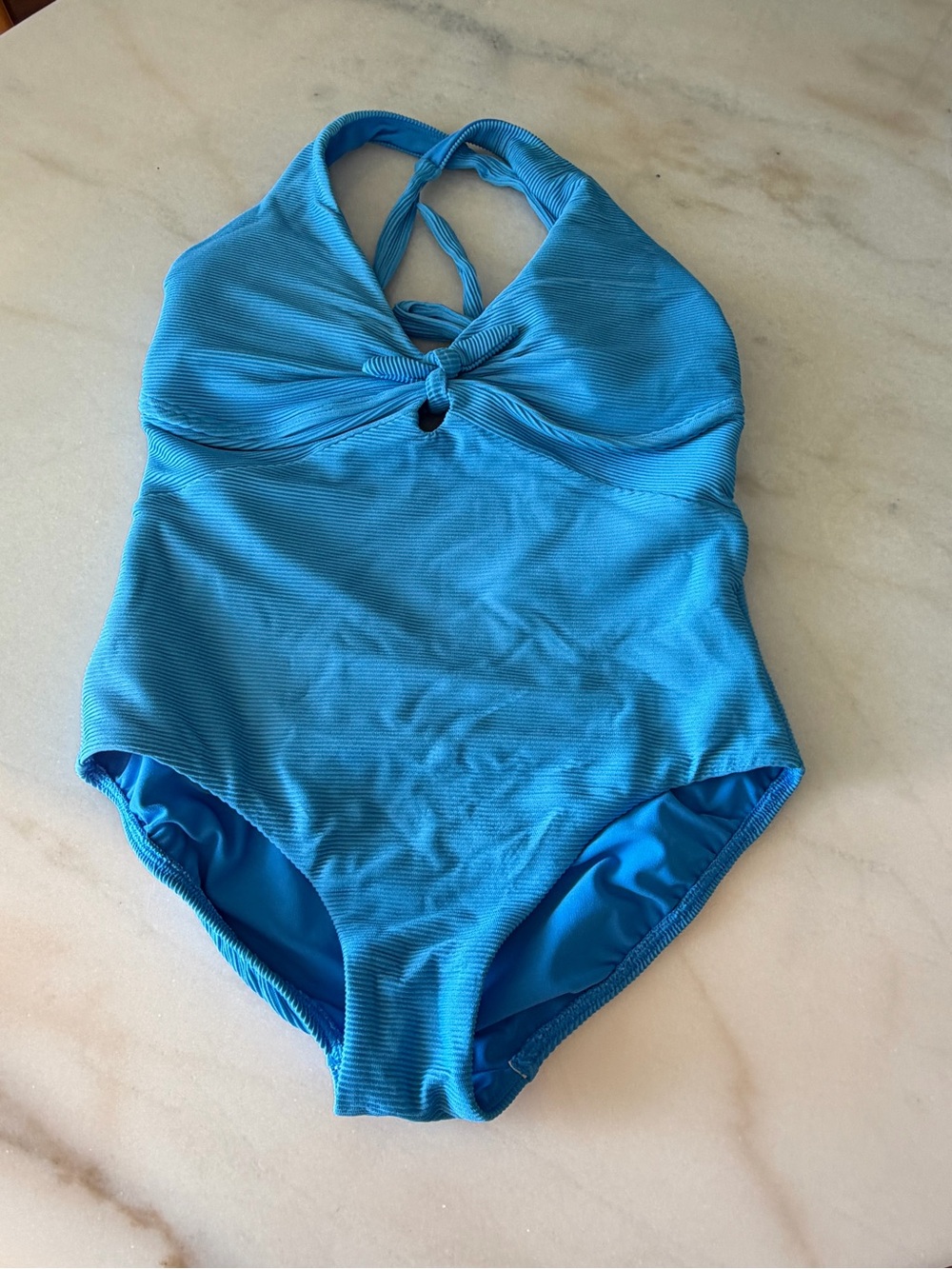 Worn twice Lands' End Bright Blue Women's Ribbed Knot Front One Piece Swimsuit